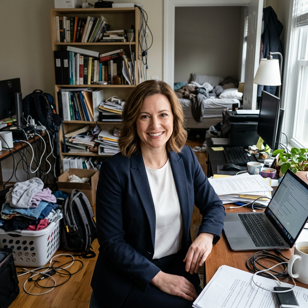 Gutes Portrait, aber Wäschekorb und Kabel im Hintergrund