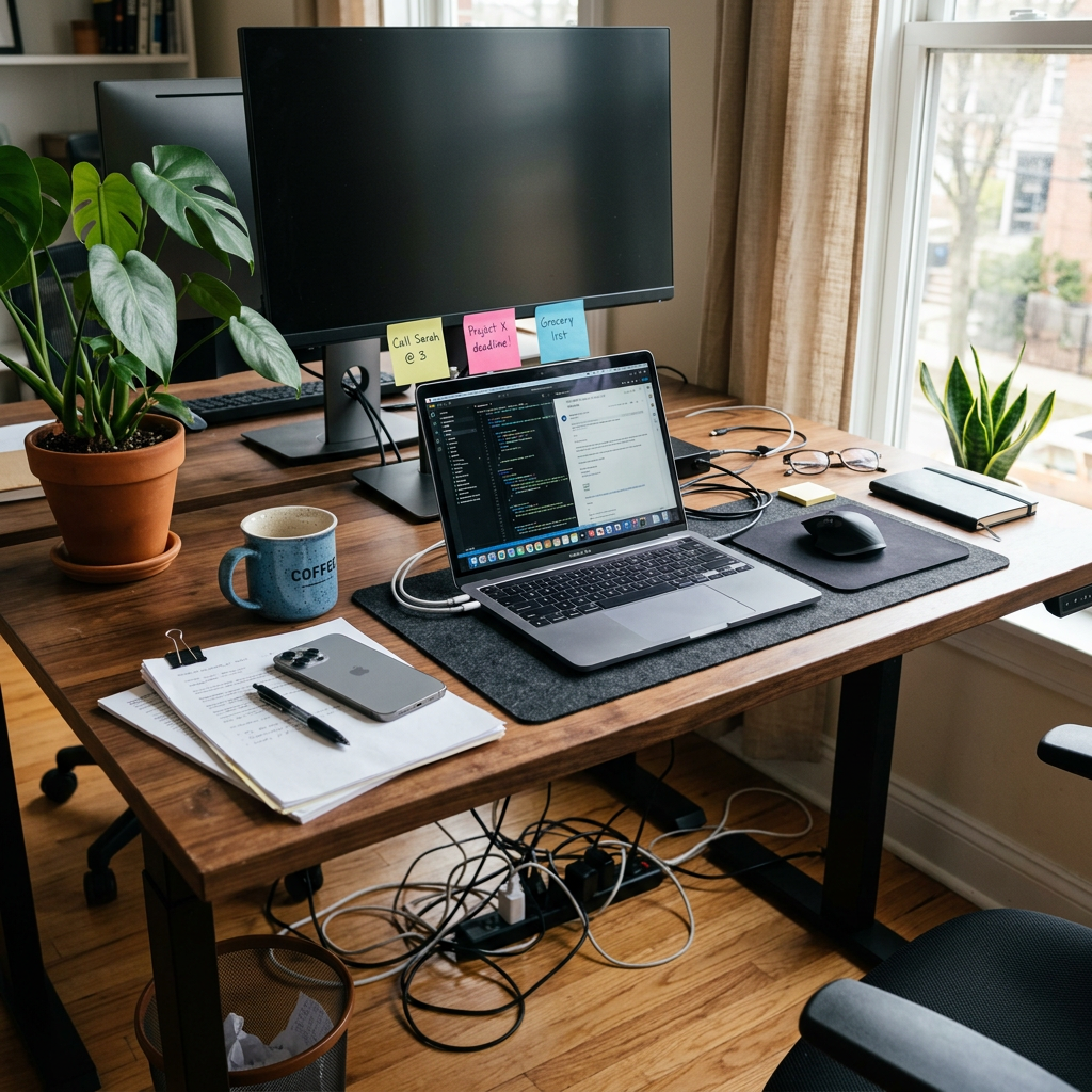 Schreibtisch, Laptop, Kabelchaos, Post-its