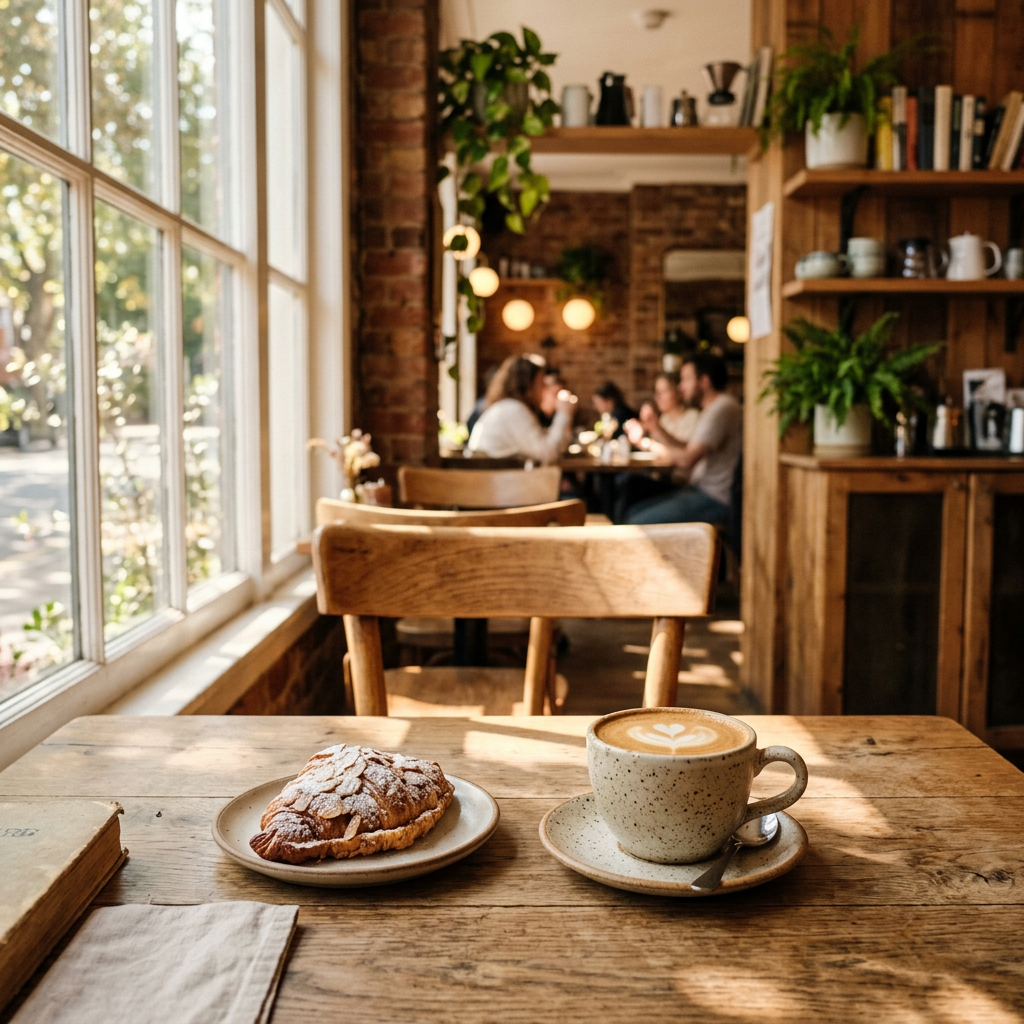 Holztisch, Gebäck, warmes Nachmittagslicht