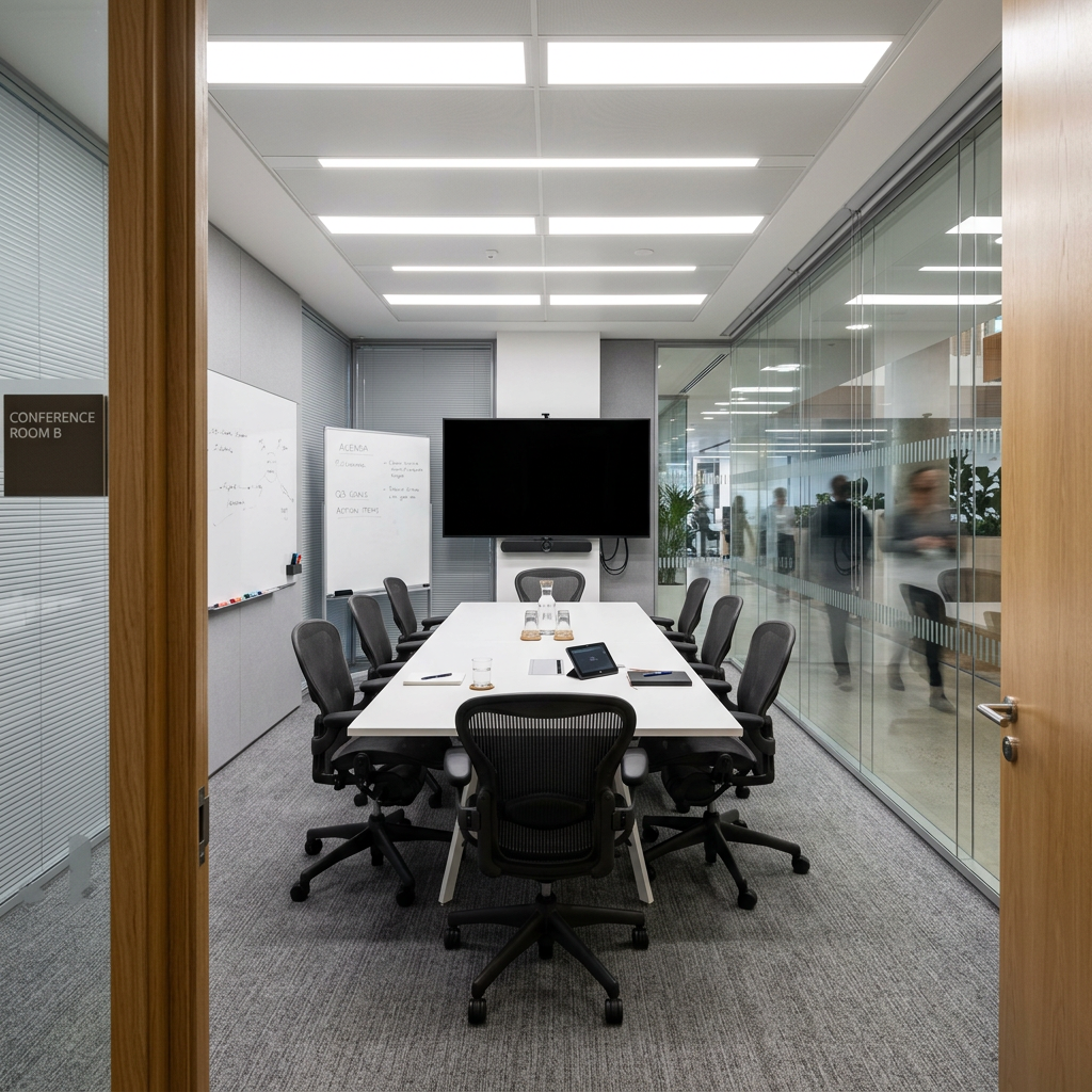 Tisch, leere Stühle, Whiteboard, Flatscreen