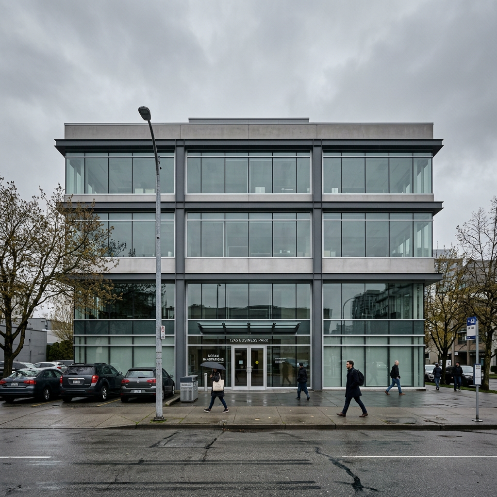 Bürogebäude, grauer Himmel, Passanten