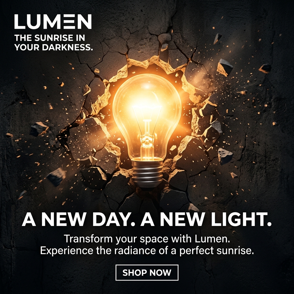 an instagram square ad for "Lumen" lighting, a glowing lightbulb cracking through a dark wall like a sunrise, dramatic contrast, copy space at the bottom, scroll-stopping, photorealistic
