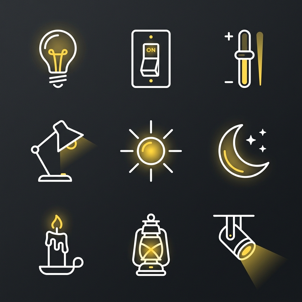 a set of 9 minimal line icons for a lighting app on a single canvas, 3x3 grid, consistent stroke weight, warm yellow accent on dark background