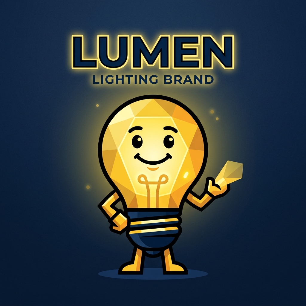 a mascot logo for "Lumen" lighting brand, geometric lightbulb character with friendly face, bold black outlines, warm yellow and deep navy palette, vector style, flat design