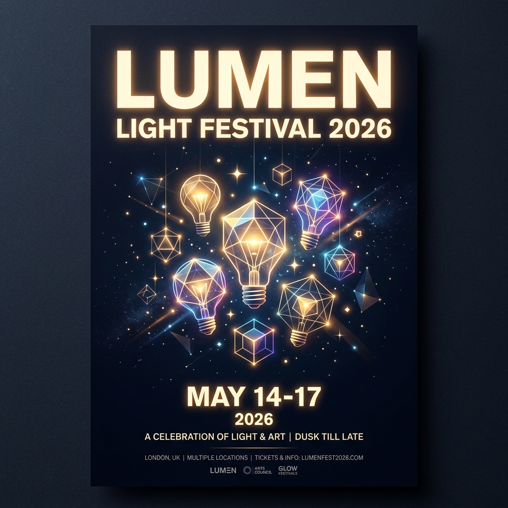 an event poster for "Lumen Light Festival 2026", large bold typography "LUMEN" at the top, glowing geometric lightbulbs floating in dark space, date "MAY 14–17" below, minimalist editorial design