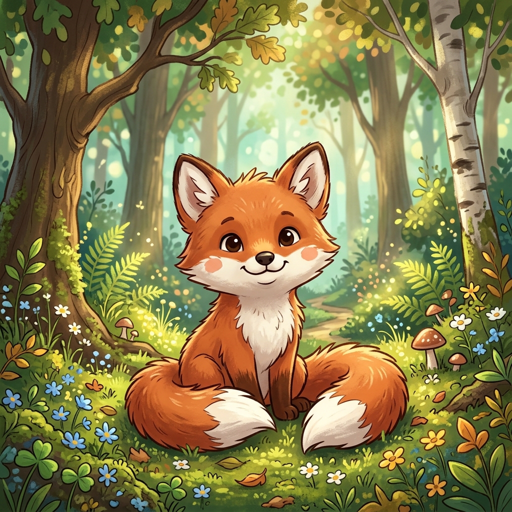 a cartoon illustration of a red fox cub