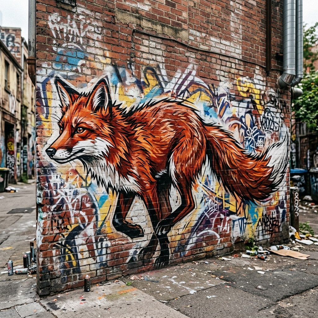 a graffiti of a red fox