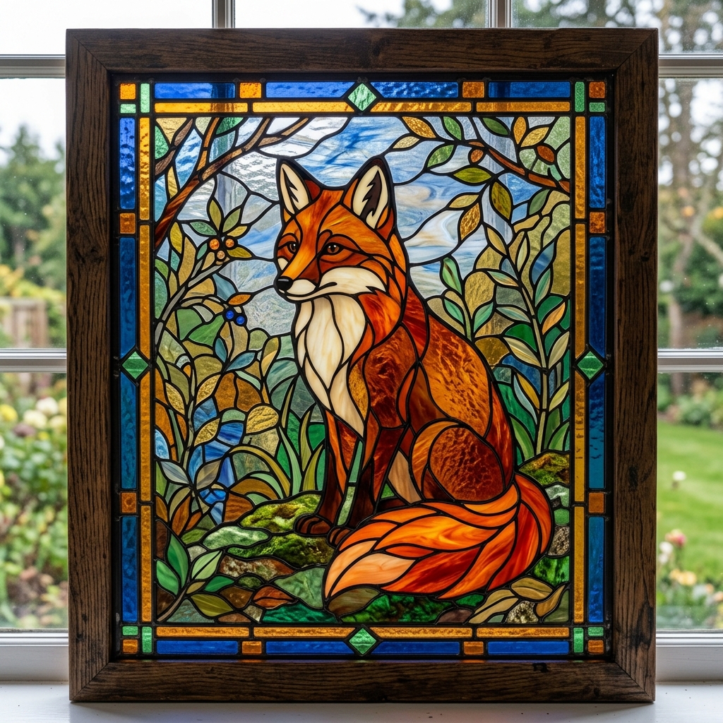 a stained glass painting of a red fox