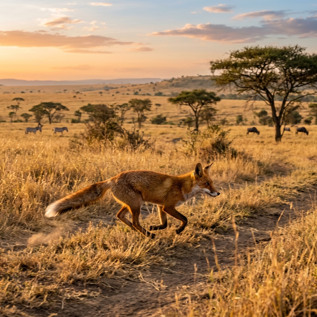 a photo of a red fox running through a savannah