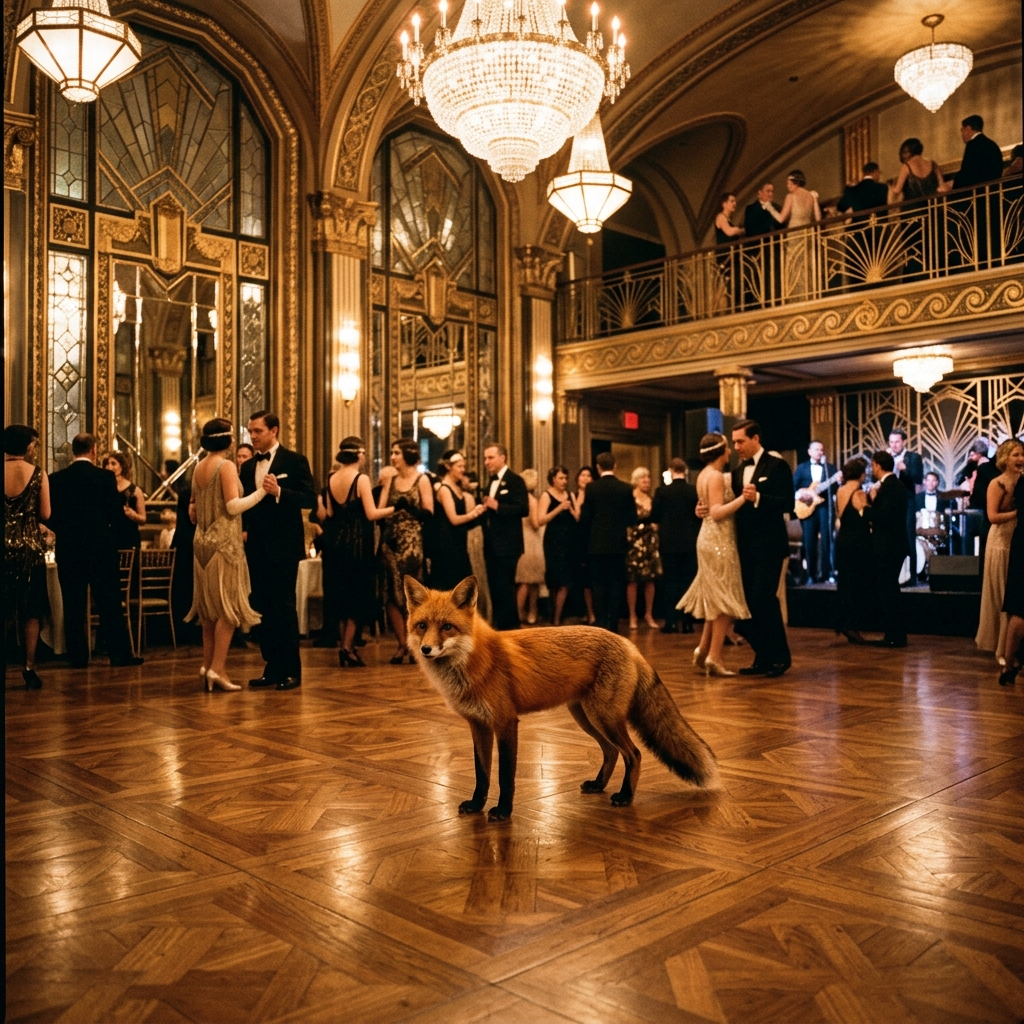 a photo of a red fox in a 1920s art deco ballroom