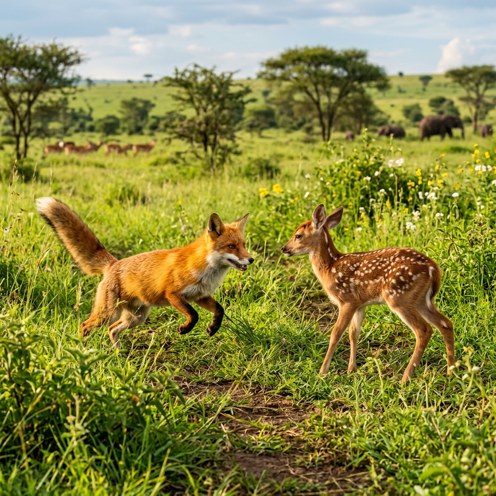 a photo of a red fox playing with a baby deer in a green savannah