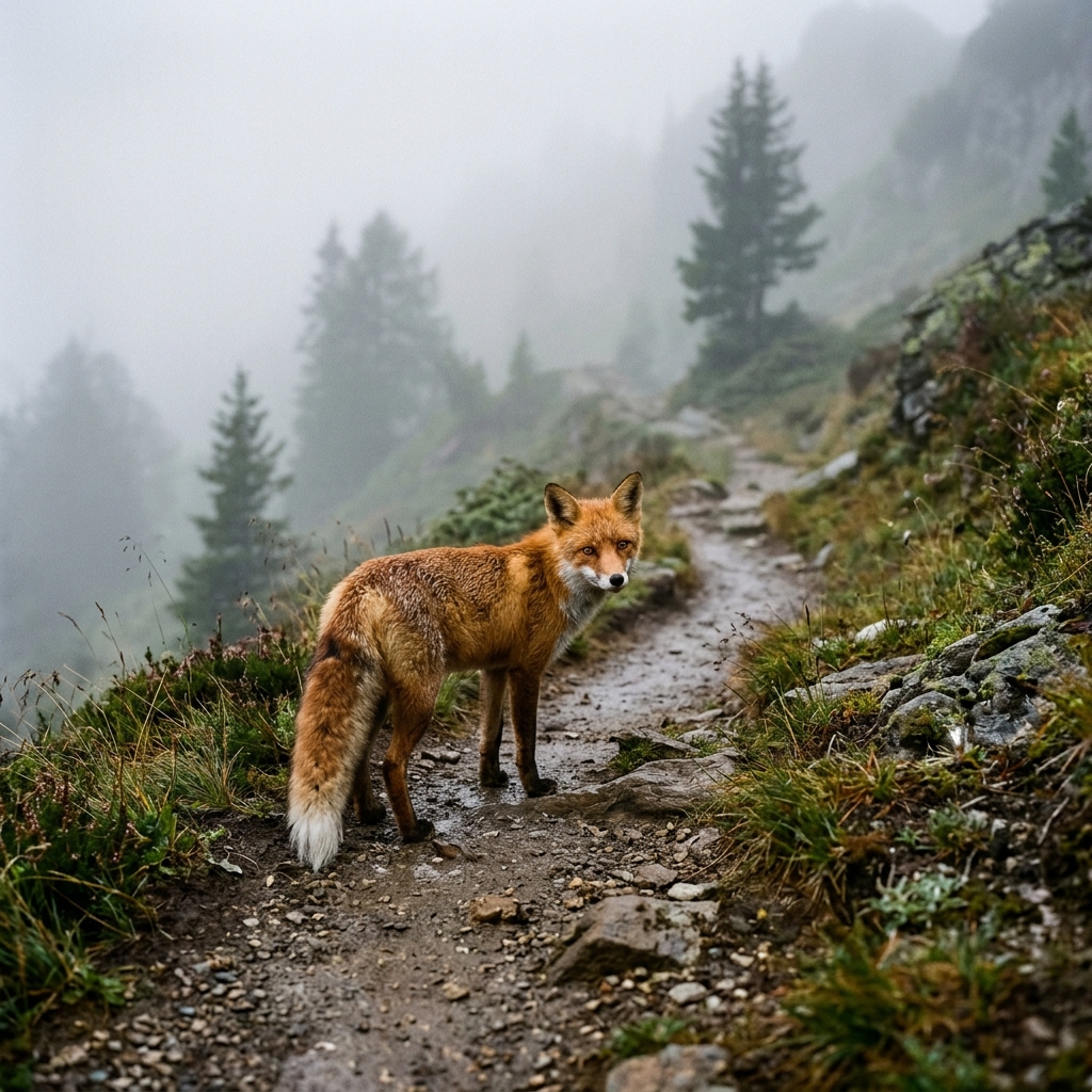 a photo of a red fox standing on a foggy mountain trail