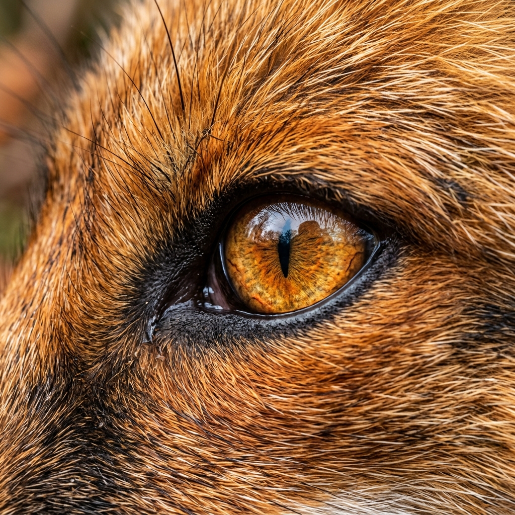an extreme close-up photo of a red fox's eye
