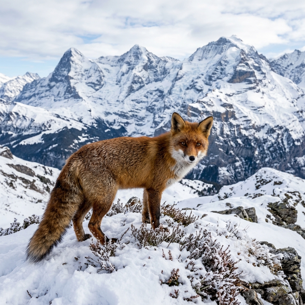 a photo of a red fox in the foreground with snowy mountains in the background