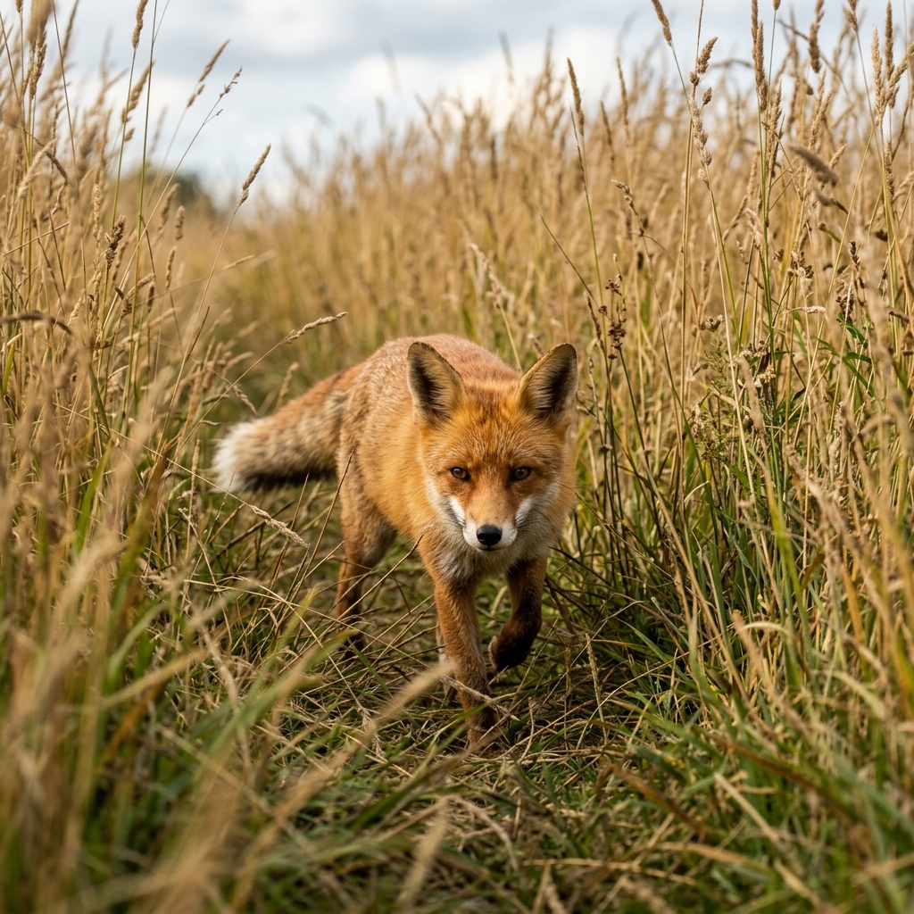 a low-angle photo of a red fox in tall grass