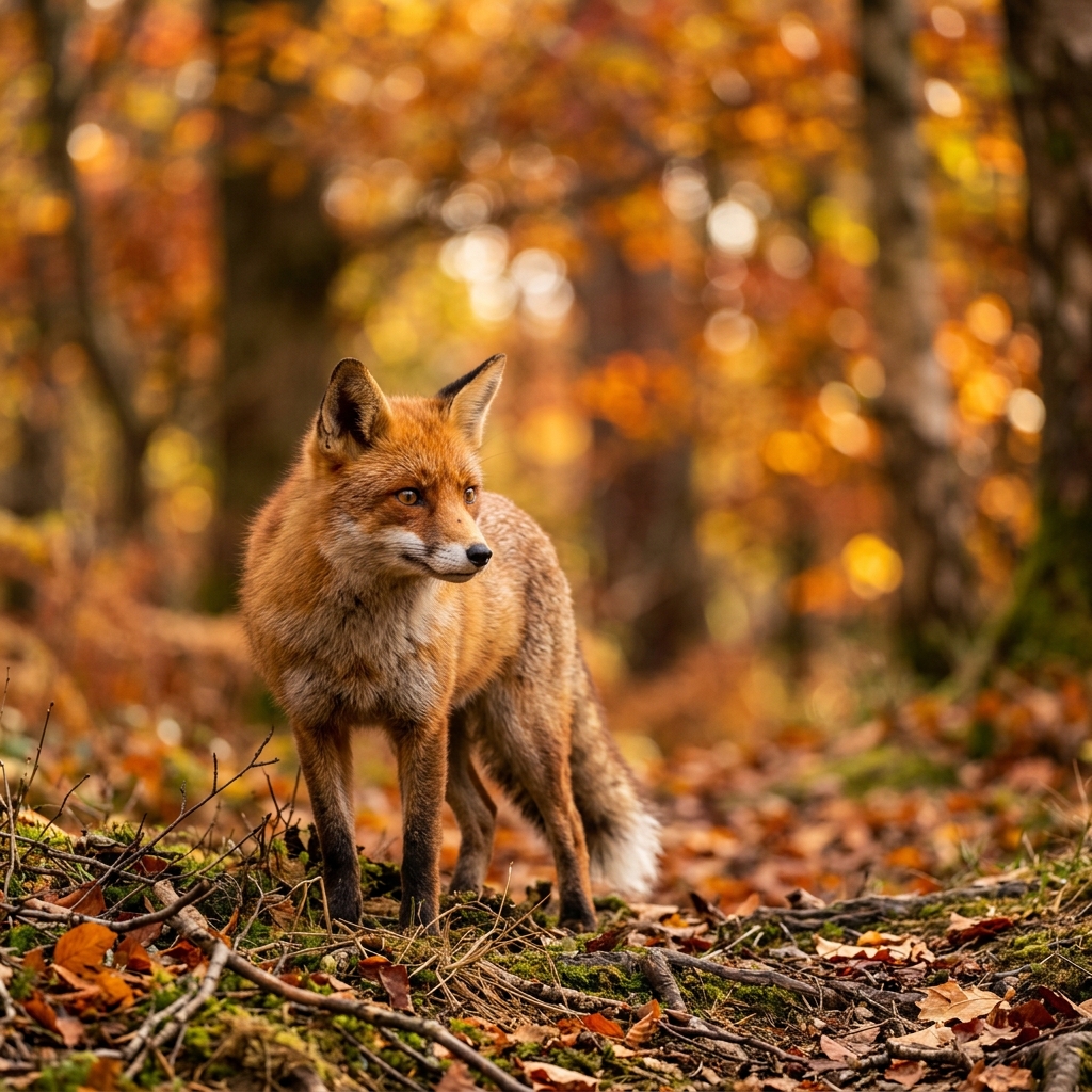 a photo of a red fox in sharp focus with a blurred autumn forest in the background, shallow depth of field, bokeh