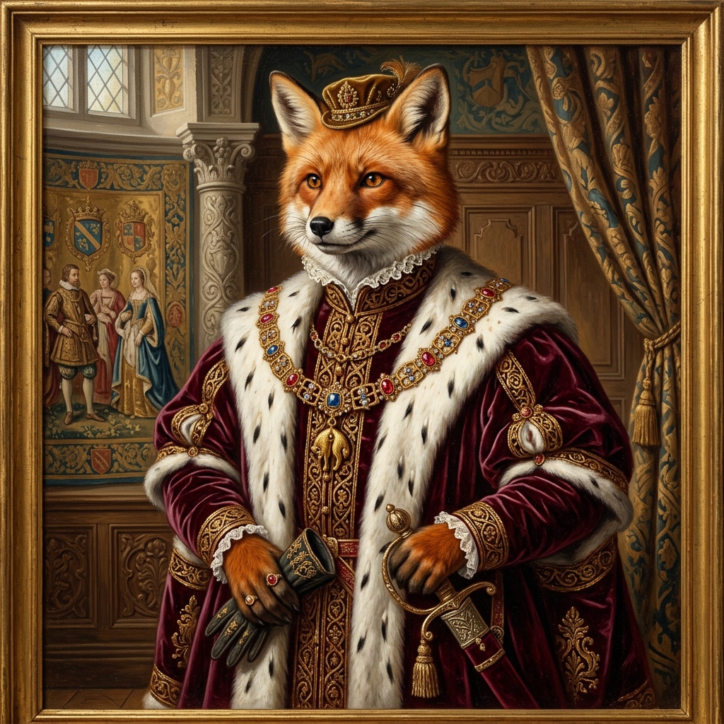an anthropomorphic red fox in a Renaissance courtly portrait, velvet robe and jeweled collar