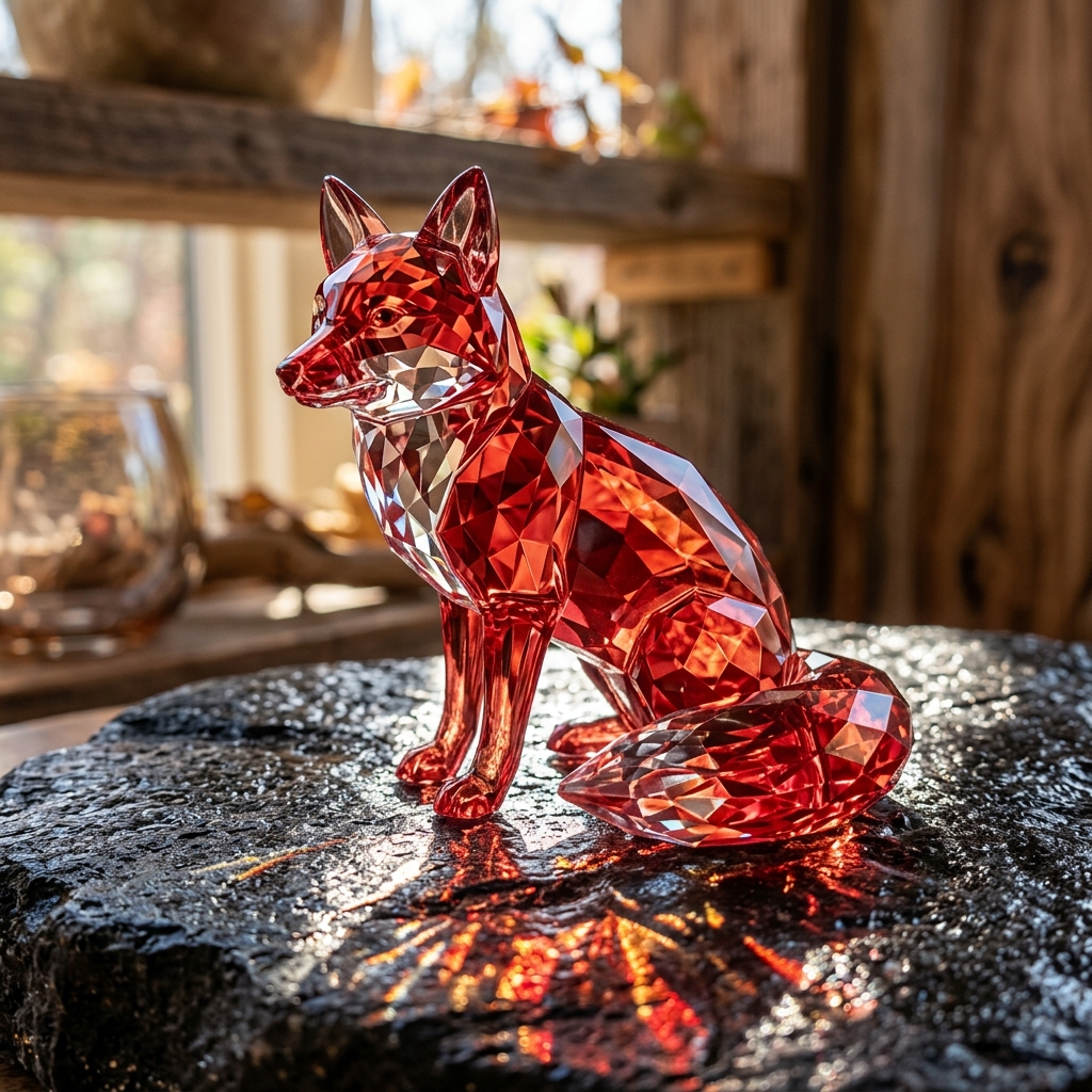 a red fox sculpture made entirely of translucent crystal, internal refractions, caustic light