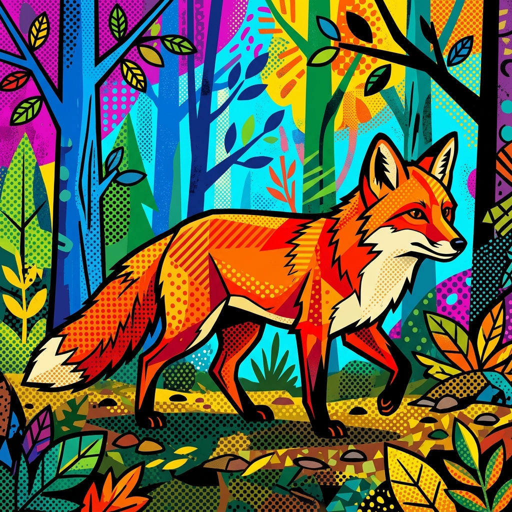 an image of a red fox in pop-art style