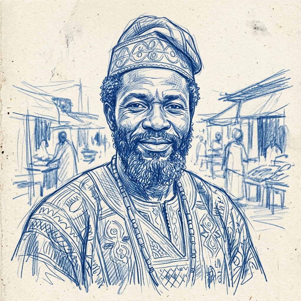 Detailliert — rough blue pencil sketch, african man, full beard, traditional clothing
