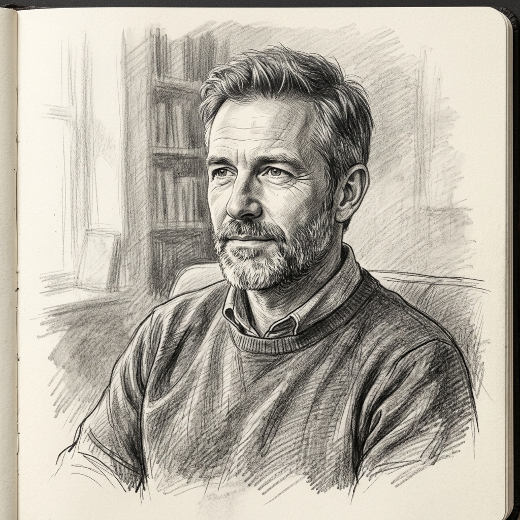 Minimal — a pencil drawing of a man in his 40s