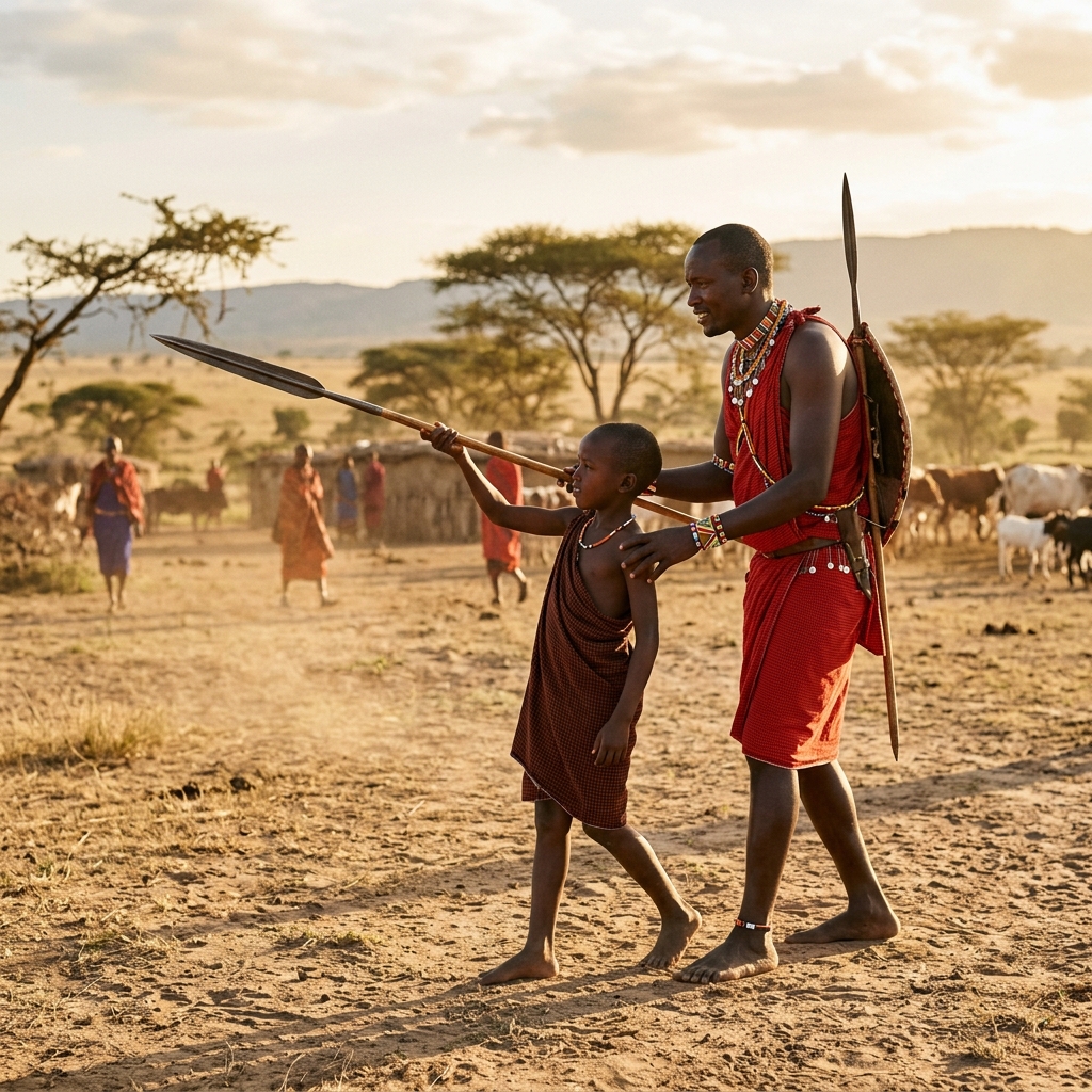 Teaching a boy to throw a spear