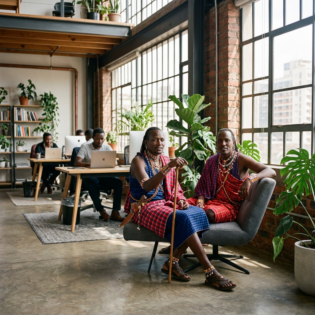Maasai-Krieger im modernen Loft-Büro