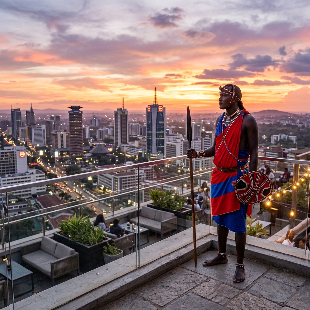 Maasai-Krieger auf Rooftop mit City-Skyline