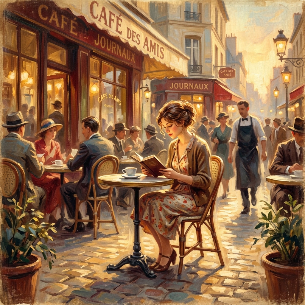 Beispiel 1 — Vintage Illustration, Parisian Café, Impressionismus
