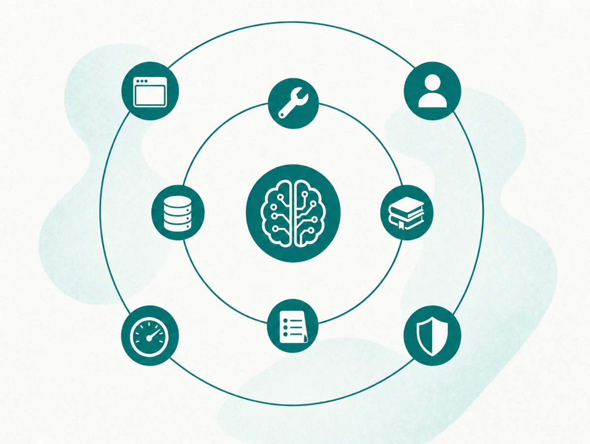 Das Ringmodell: im Kern das LLM, im mittleren Ring Tools, Wissen, Skills und Memory, im äußeren Ring Identität, Guardrails, Prüfstand und Interface