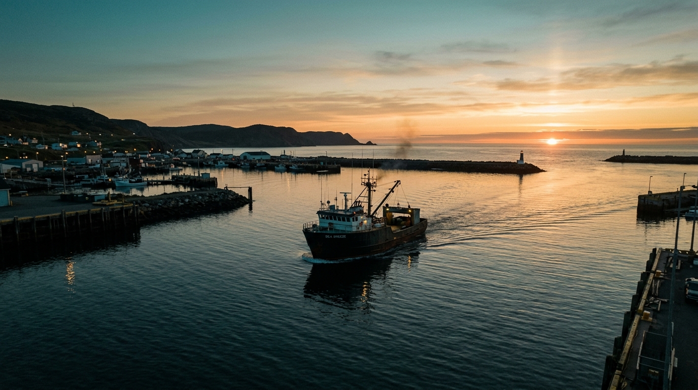 Step-Header: Ein Schiff verlässt bei Morgengrauen den Hafen
