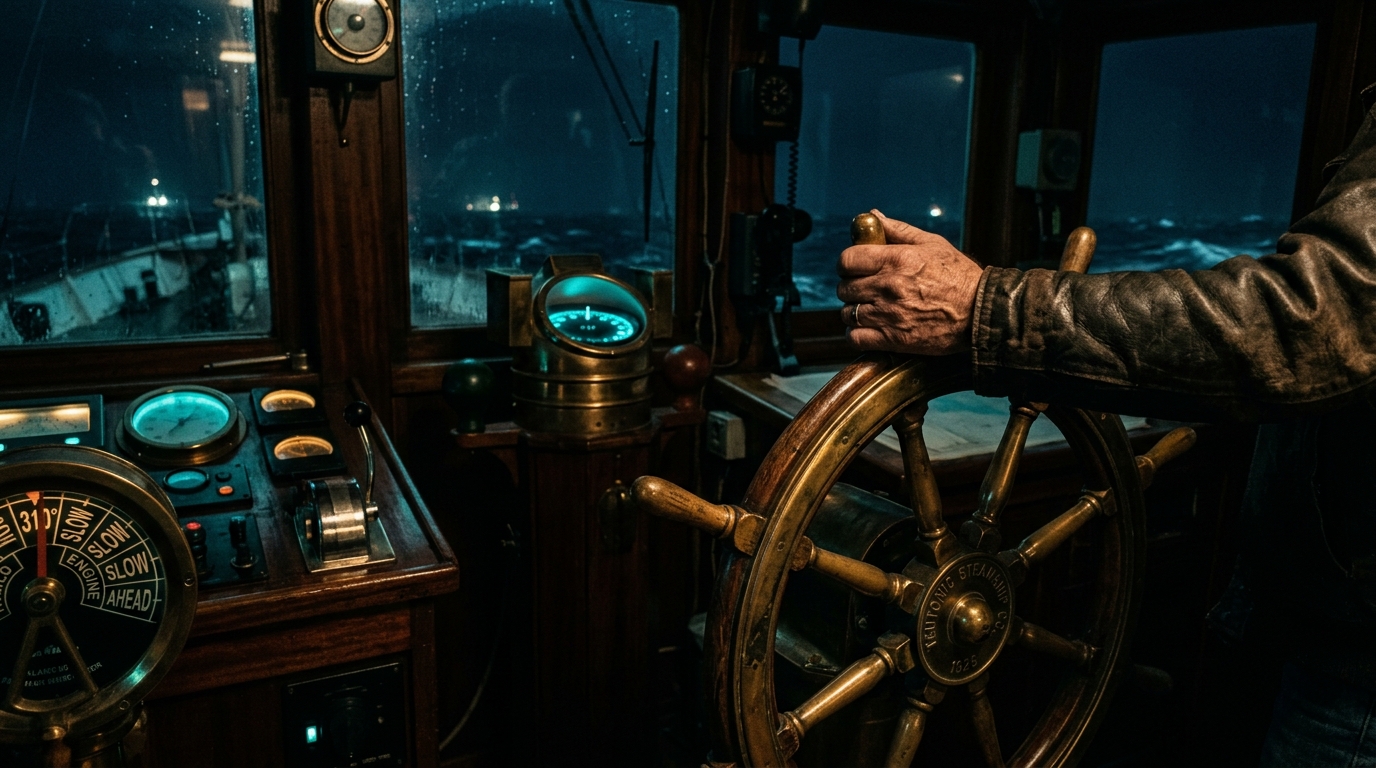 Lesson-Header: eine Hand am Steuerrad im dunklen Steuerhaus
