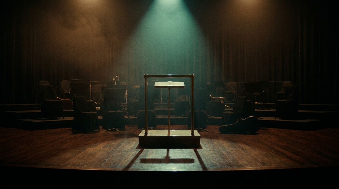 Leeres Dirigentenpult vor einem dunklen Orchestergraben, das Notenpult ist leer, Teal-Licht von oben