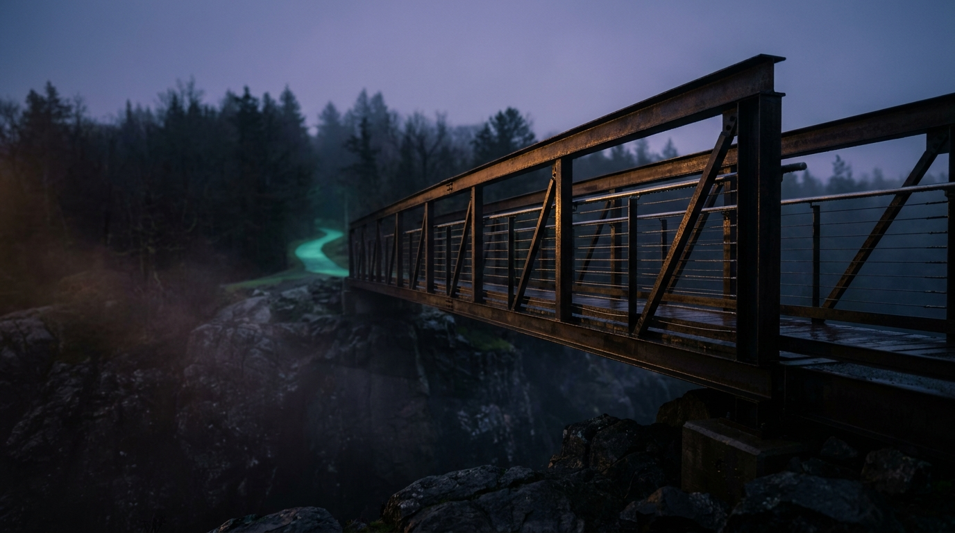 Eine Brücke aus dunklem Stahl, die über einen Graben führt, am anderen Ufer ein erleuchteter Pfad in Teal-Grün