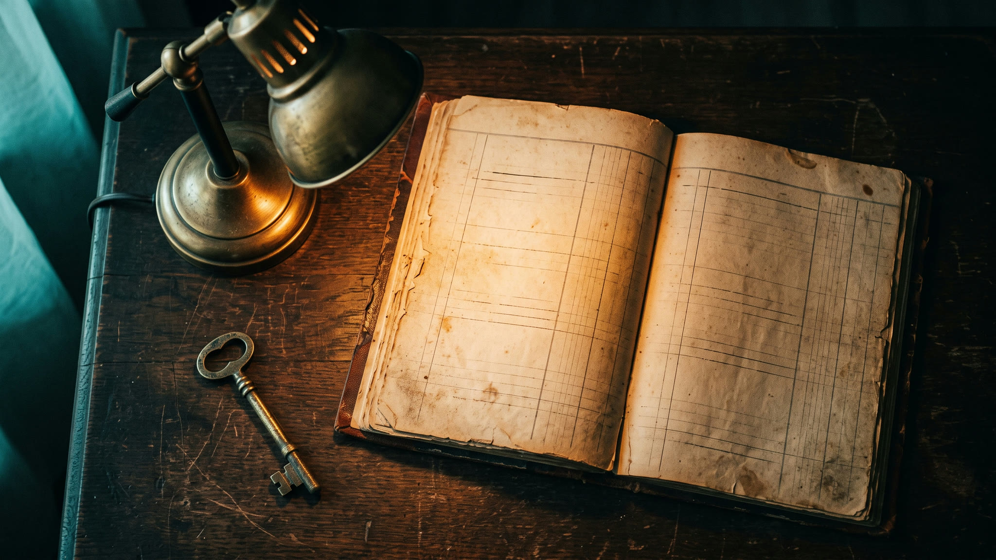 Aufgeschlagenes Inventarbuch mit Messinglampe
