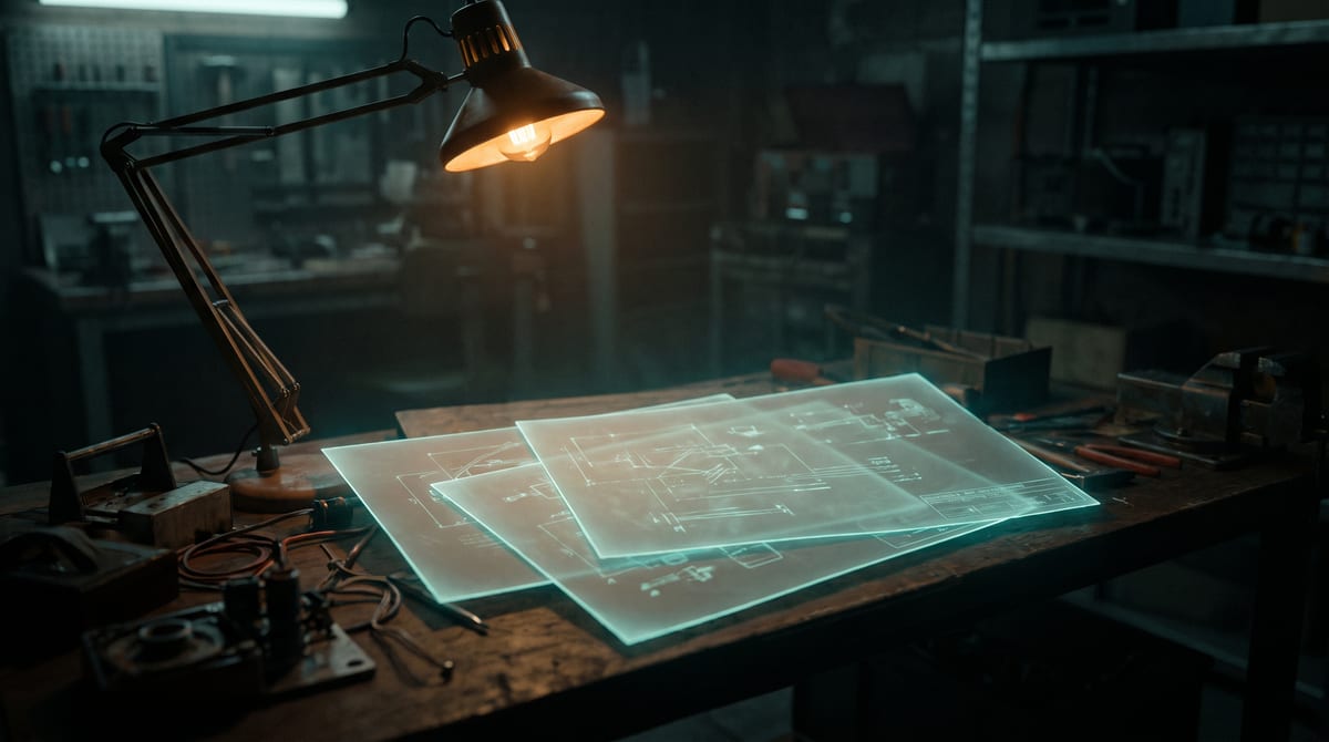 Step-Header: durchscheinende Briefing-Blätter werden unter einer Lampe übereinandergelegt
