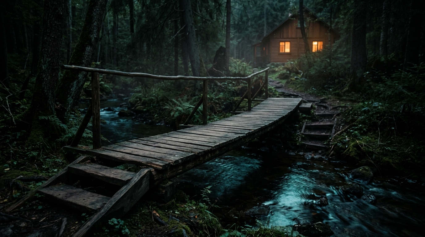 Holzbrücke über kleinem Bach, dunkle Werkstattatmosphäre