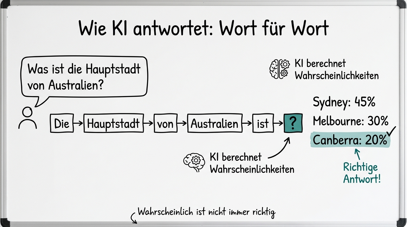 Sketchnote: Wie Token-Vorhersage funktioniert — Wort für Wort berechnet die KI das wahrscheinlichste nächste Token
