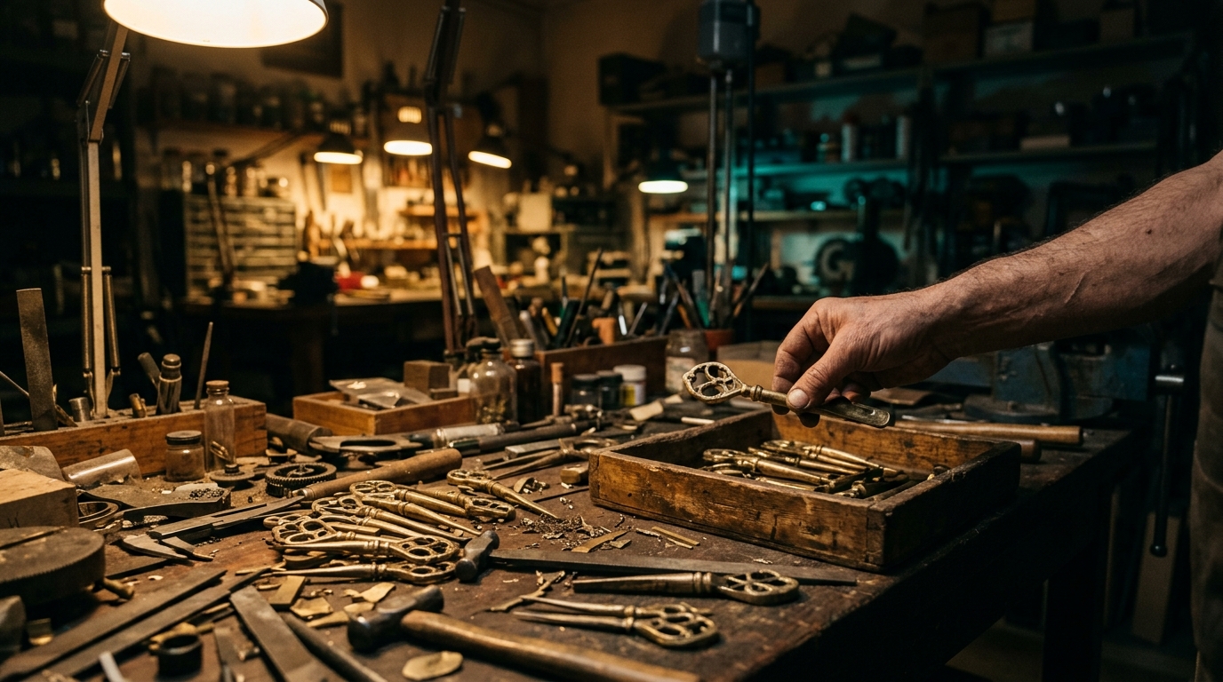 Step-Header: eine Werkbank voller doppelter Werkzeuge und Reste, eine Hand legt eines davon beiseite
