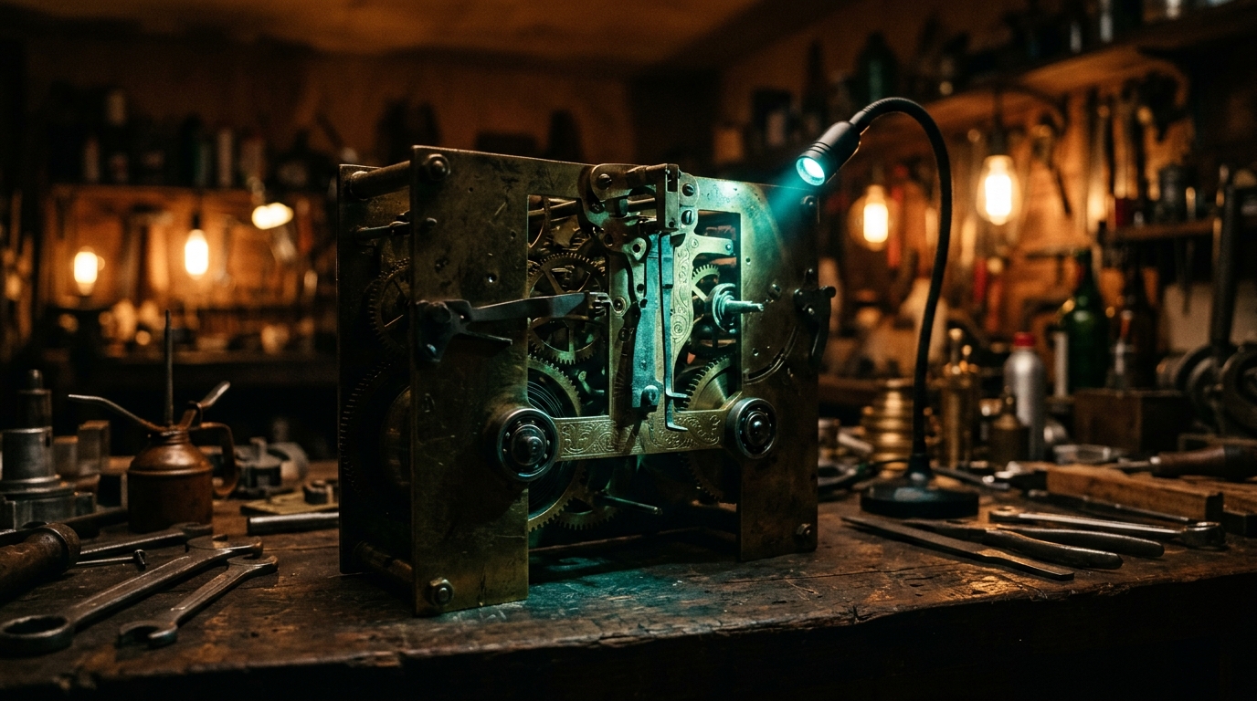 Step-Header: ein aufgeschnittener Mechanismus, nur ein Segment ist beleuchtet, der Rest bleibt im Dunkeln