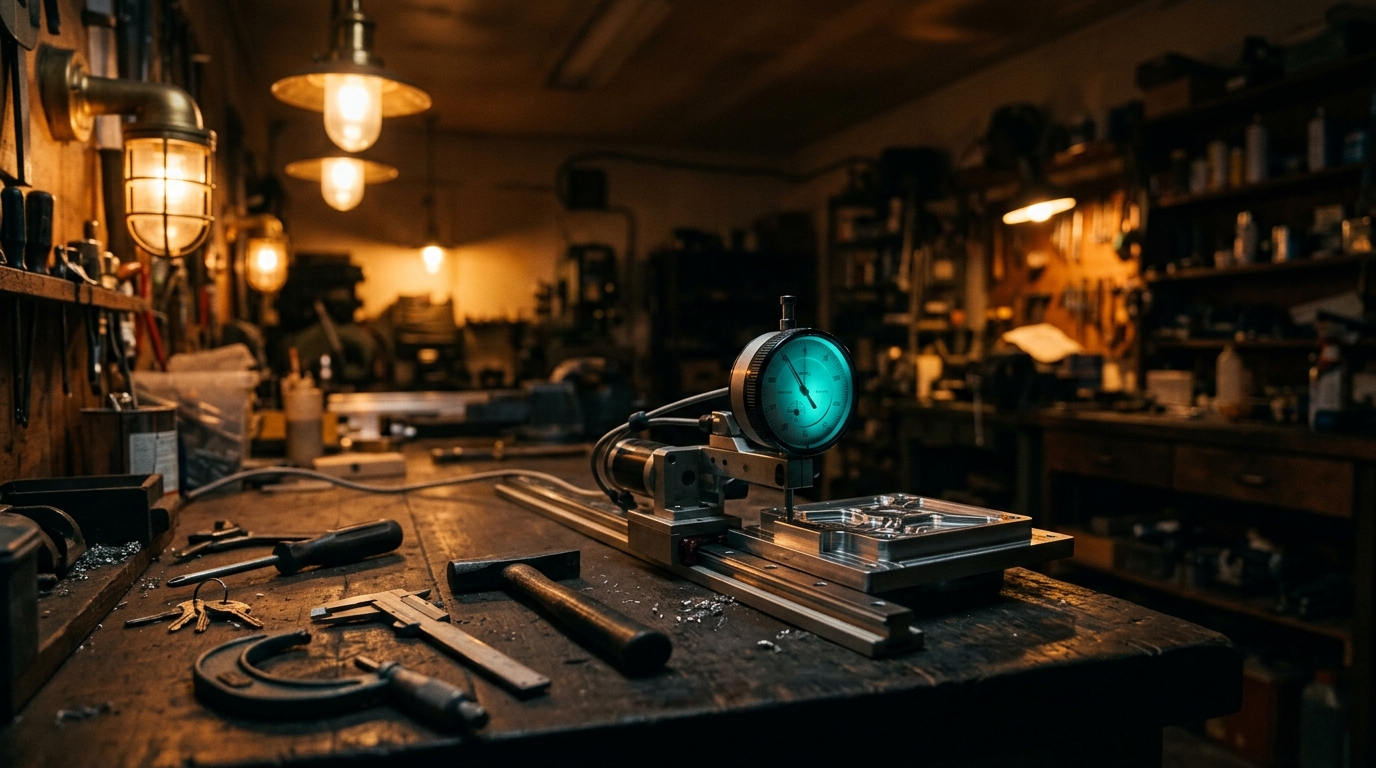 Step-Header: eine Messuhr fährt automatisch über ein Werkstück, die Handwerkzeuge liegen ungenutzt daneben