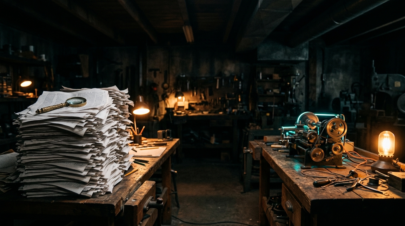 Lesson-Header: zwei Werkbänke gegenüber, links ein Papierstapel unter der Lupe, rechts eine unbeachtet laufende Maschine