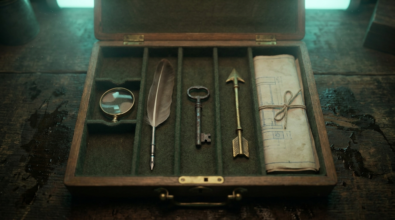 Eine Werkzeugkiste mit fünf Fächern, jedes Fach hat ein anderes Werkzeug für eine spezifische Aufgabe