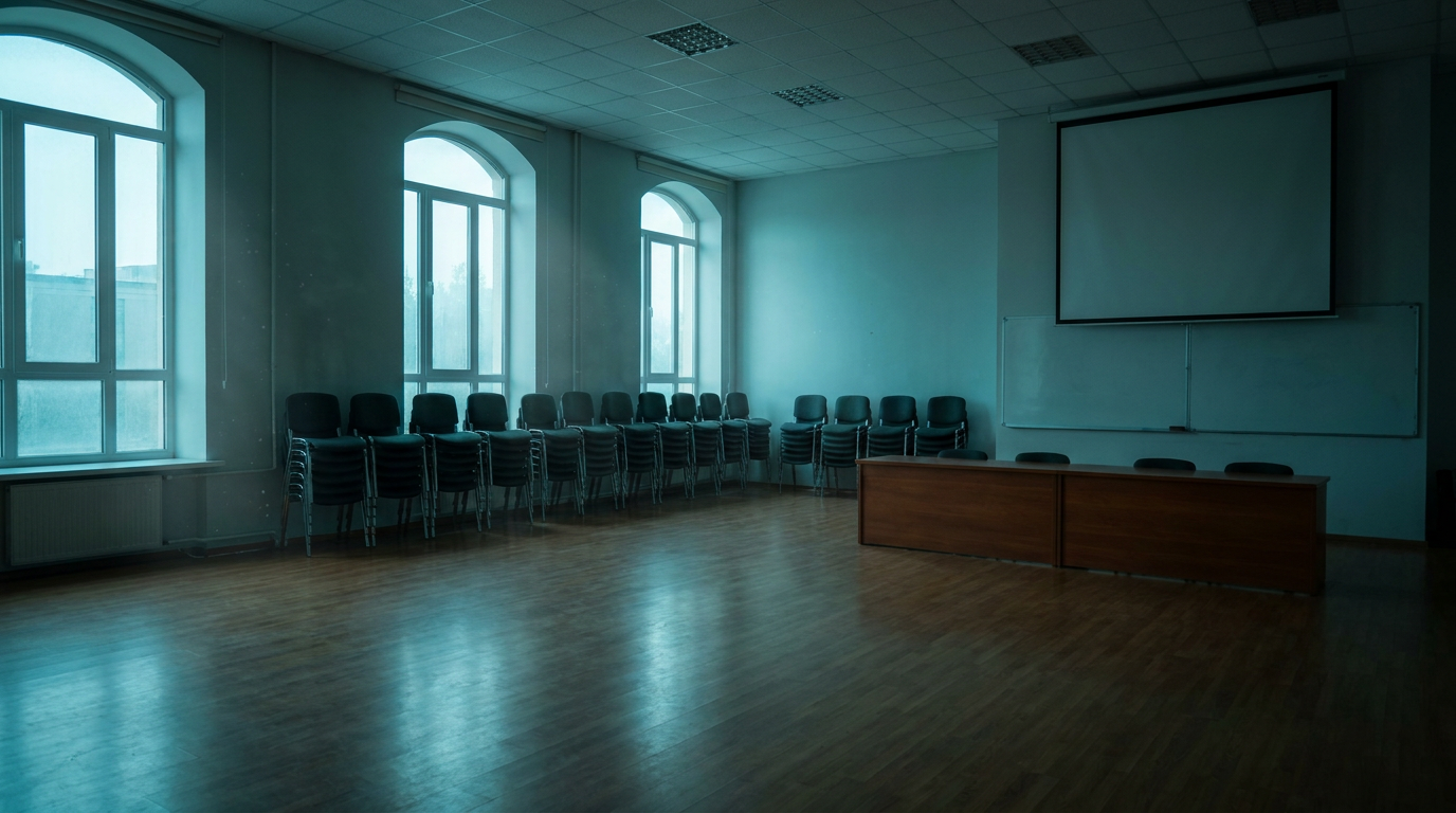 Ein aufgeräumter Seminarraum nach der Veranstaltung, leer und still