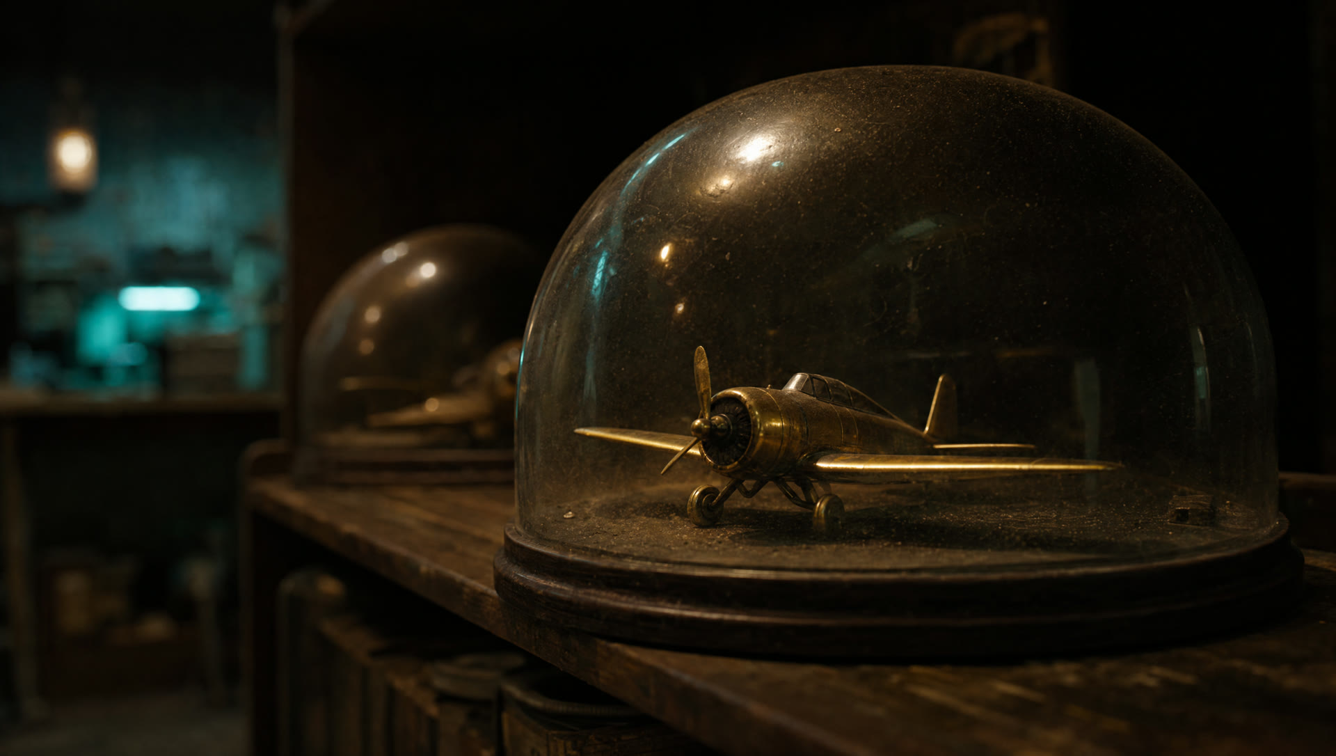 Ein Modellflugzeug unter einer staubigen Glashaube auf einem Abstellregal der Werkstatt