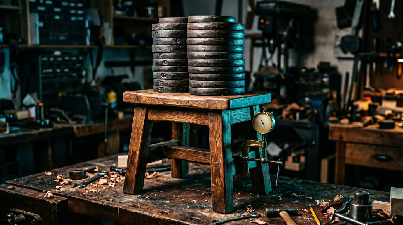 Gusseiserne Gewichte stapeln sich auf einem Holzhocker im Belastungstest