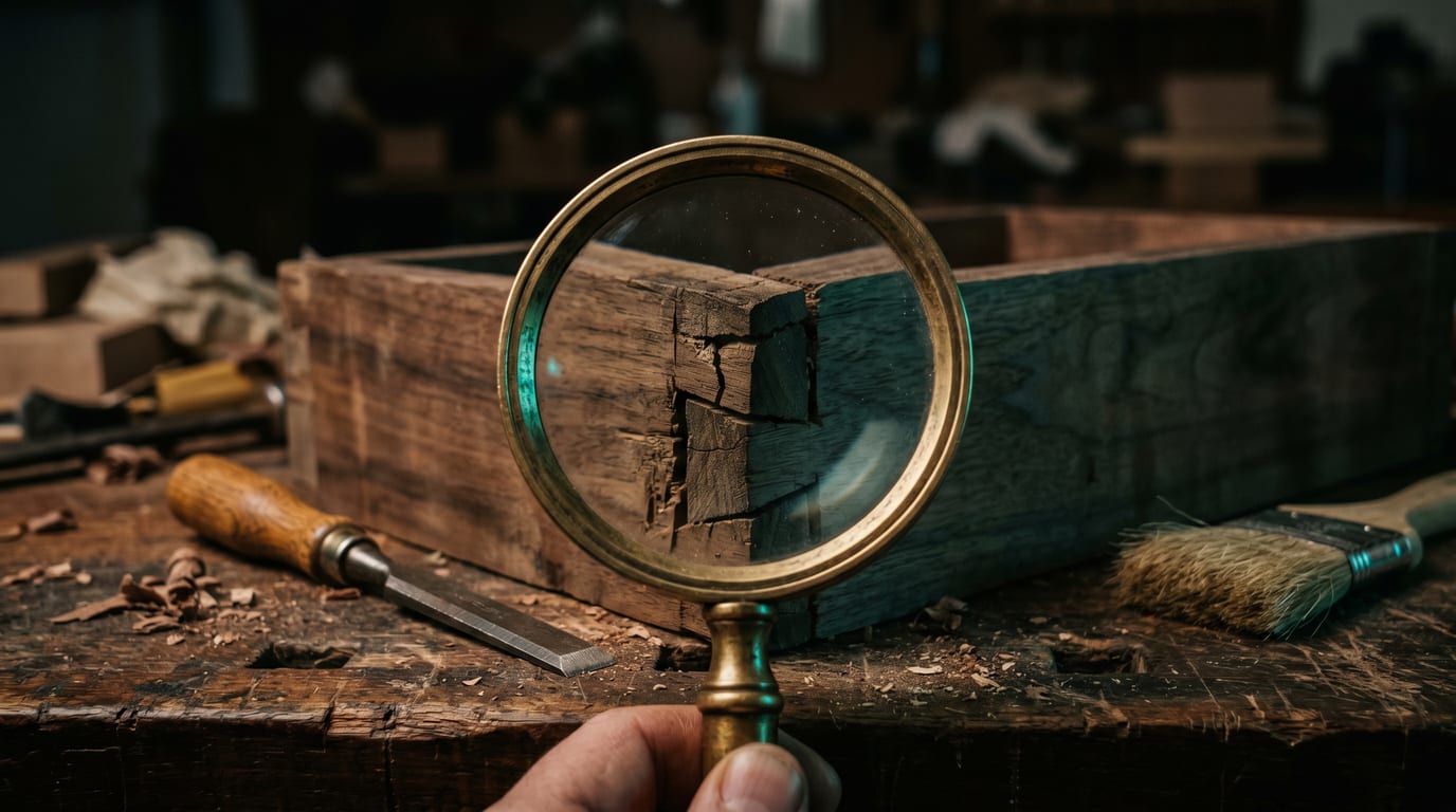Messing-Lupe über einer gerissenen Holzverbindung, daneben Reparaturwerkzeug