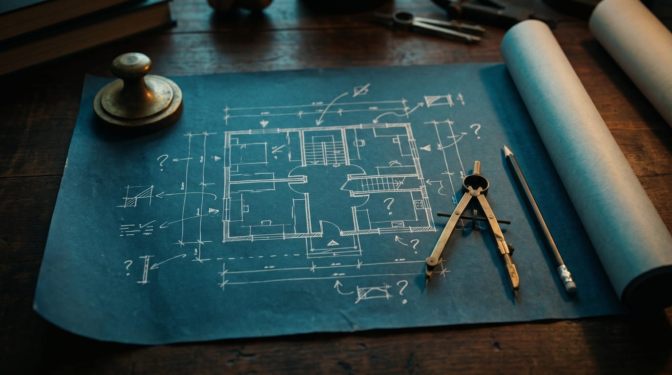 Architektur-Bauplan mit Notizen und Fragezeichen, daneben Zirkel und Bleistift