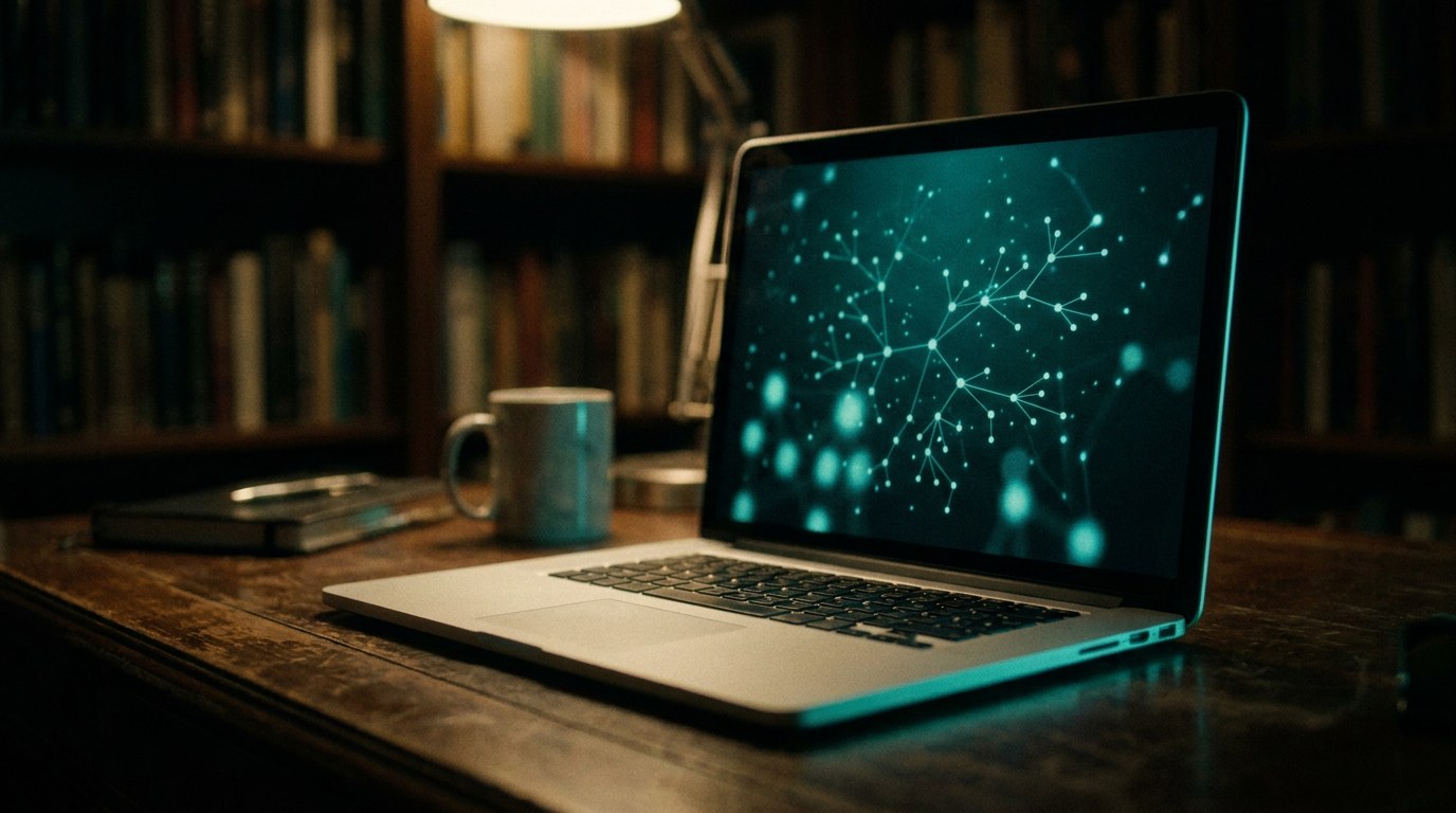 Ein offener Laptop auf dem warmen Schreibtisch zeigt ein leuchtendes Netz aus Teal-Knoten