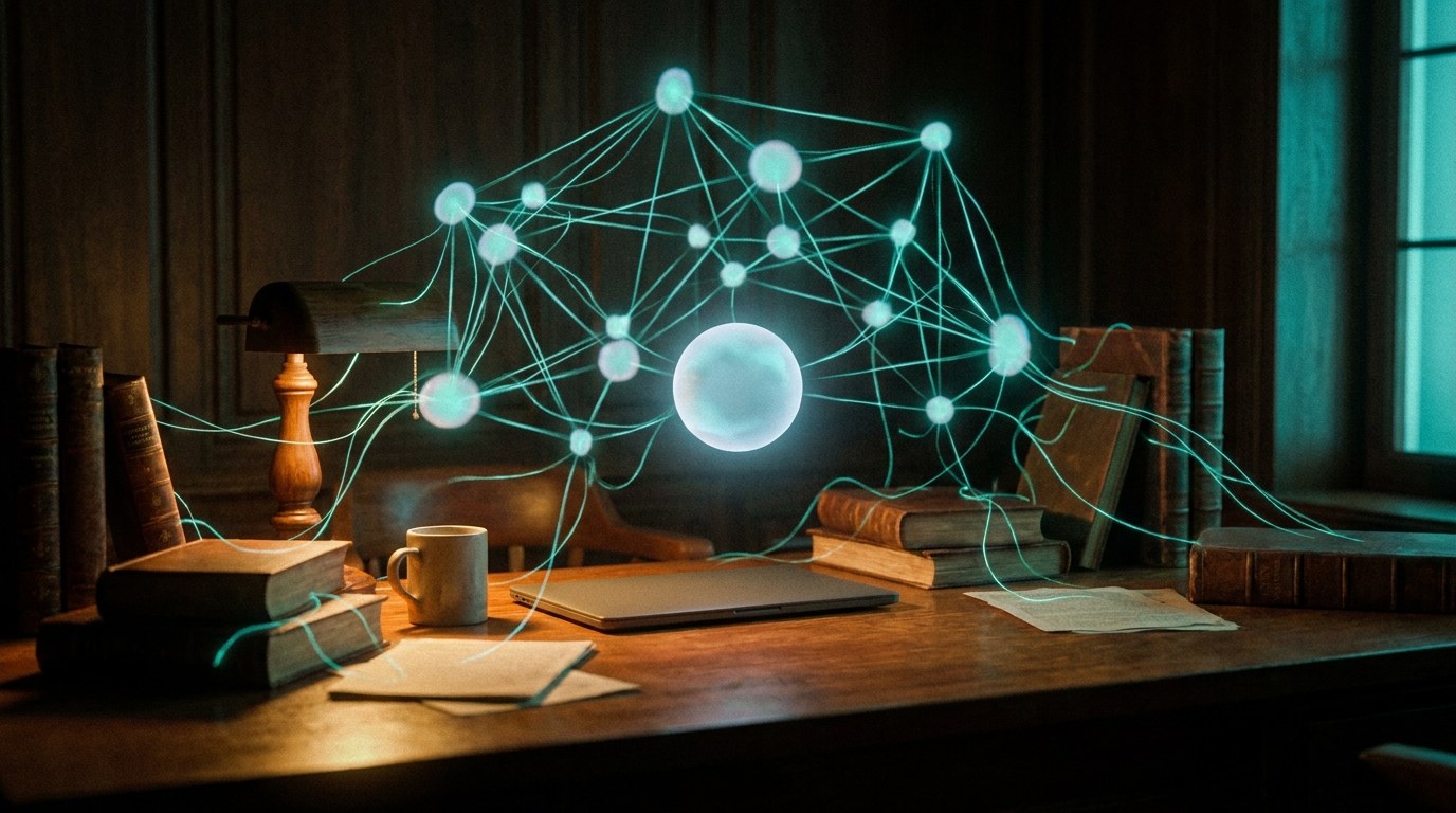 Über dem Schreibtisch schwebt ein weiches Leuchten als Assistent, verbunden mit dem Wissensnetz
